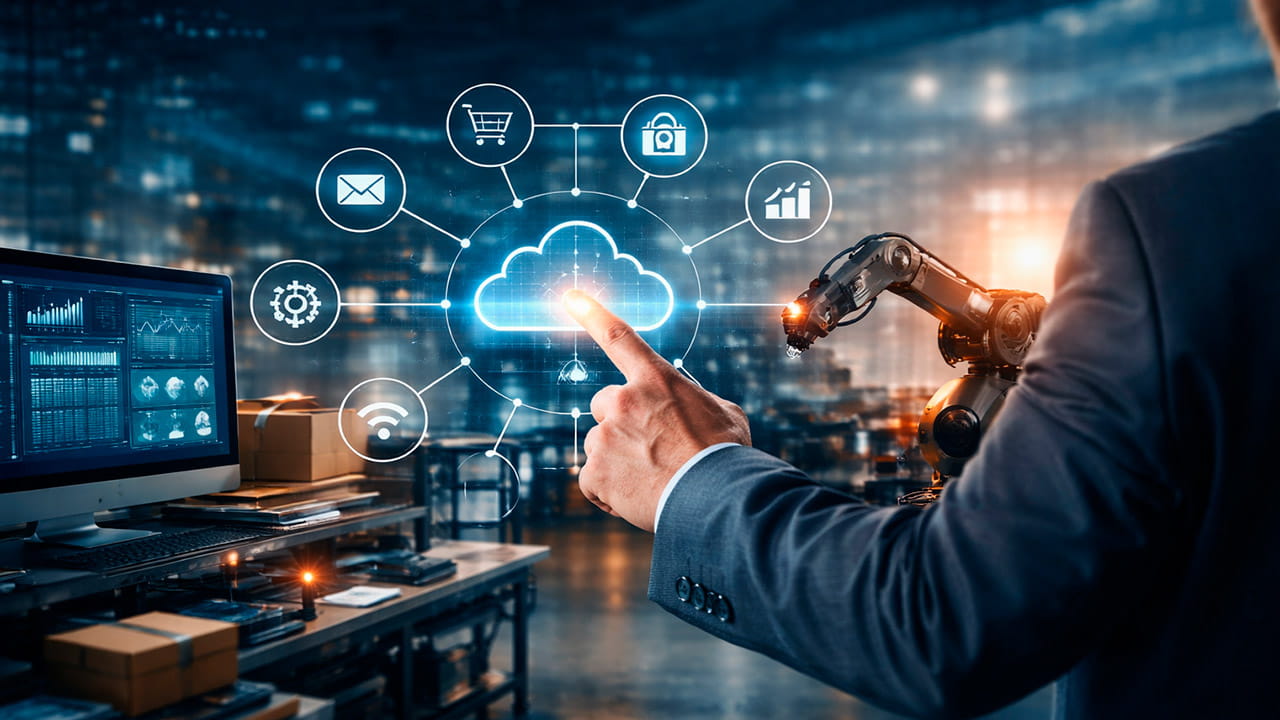 Transformação digital integrando sistemas, automação industrial e plataformas digitais em empresa moderna