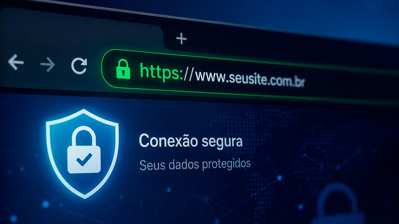 Barra de navegador com conexão HTTPS segura e cadeado digital representando proteção, certificado SSL e segurança de sites profissionais.