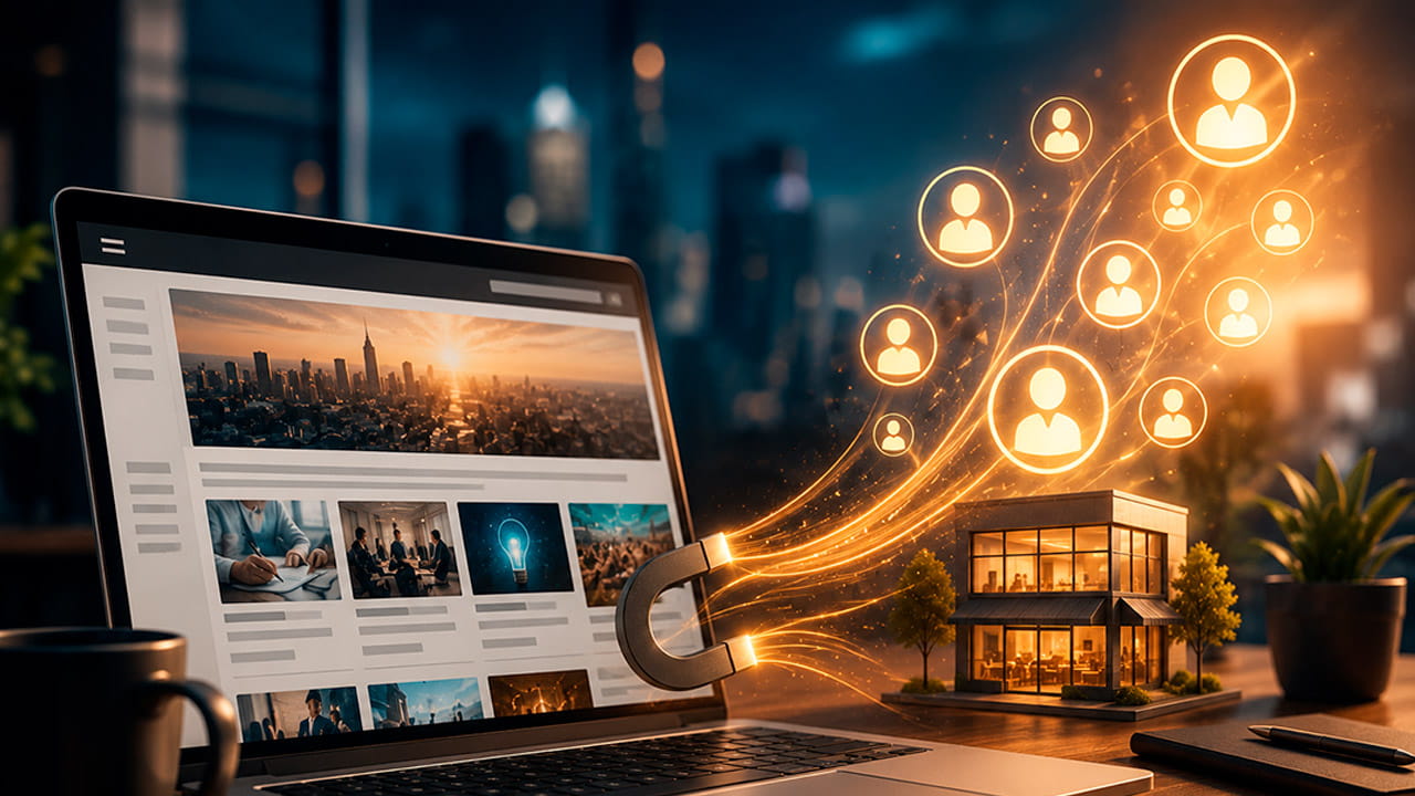 Blog para empresas exibido em notebook moderno com estratégia de marketing de conteúdo, atração de clientes e crescimento orgânico através do Google.