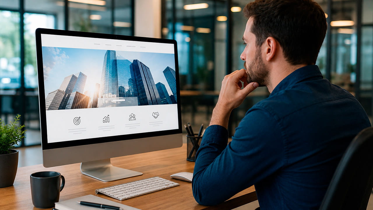 Como escolher uma empresa para criar um site profissional, pessoa avaliando opções e planejamento digital no computador