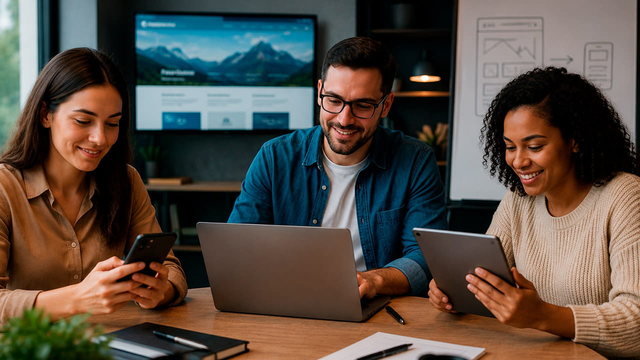 Design responsivo em ambiente corporativo com pessoas utilizando celular, tablet e notebook em um escritório moderno e conectado.