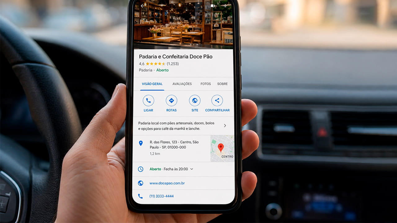 Google Meu Negócio exibido no celular mostrando empresa no Google Maps e resultados de SEO local