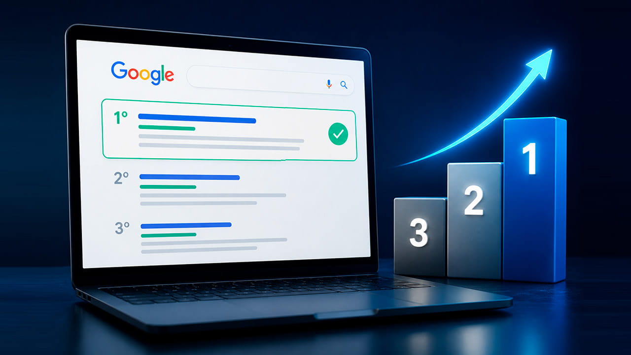 SEO para empresas mostrando gráfico de ranqueamento no Google em tela de computador