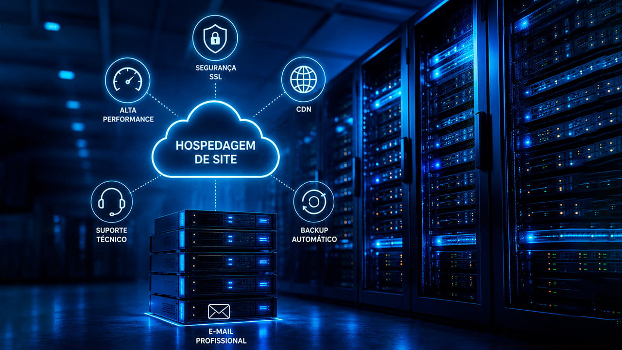 Servidores modernos em um data center de alta tecnologia, com destaque para uma representação digital da hospedagem de site