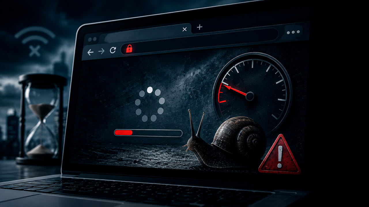 Site lento carregando em navegador moderno com indicador de velocidade baixa, experiência digital travando e conceito visual de lentidão afetando performance e SEO.
