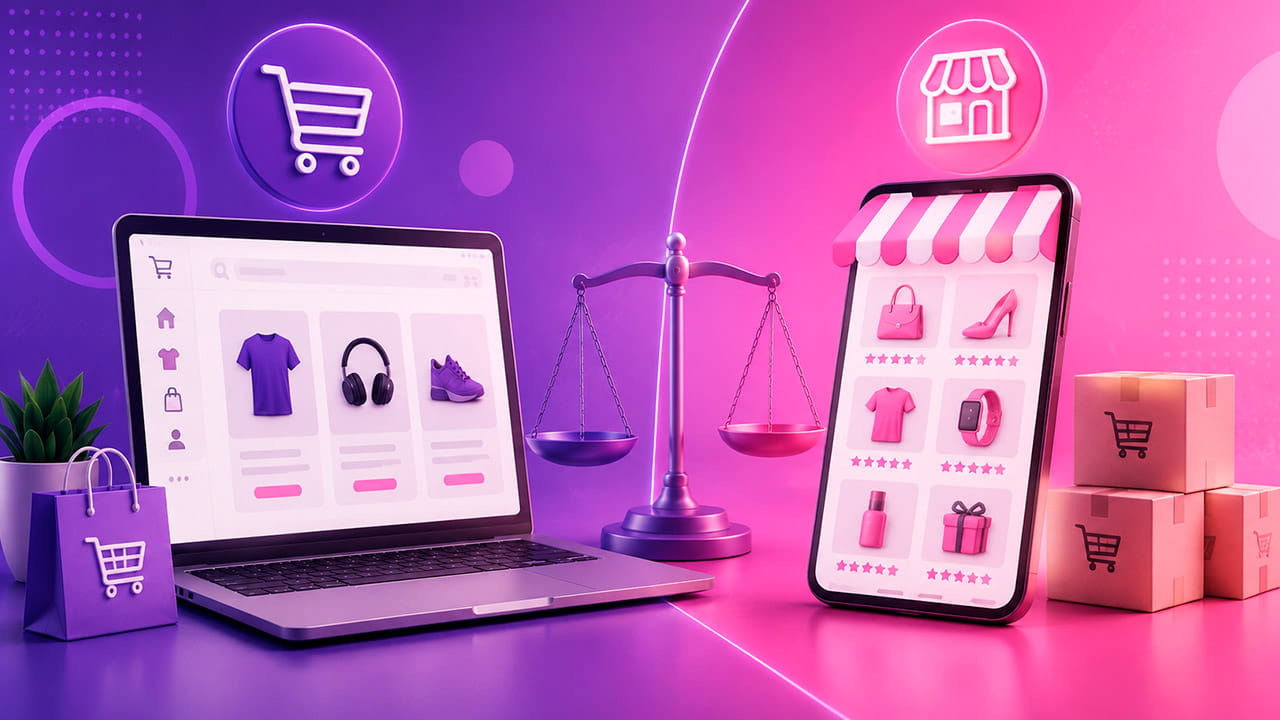 Comparação entre loja virtual própria ou marketplace em ambiente digital de e-commerce com produtos e vendas online