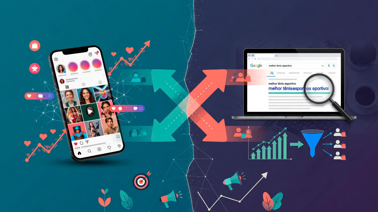 Comparação entre site e rede social mostrando diferentes canais digitais utilizados por empresas para atrair clientes e fortalecer sua presença online.