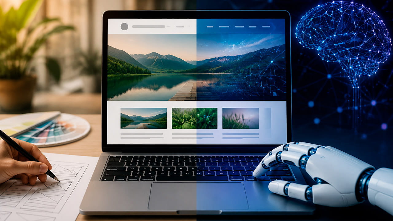 Comparação entre site profissional ou site feito por IA, mostrando vantagens, limitações e credibilidade.