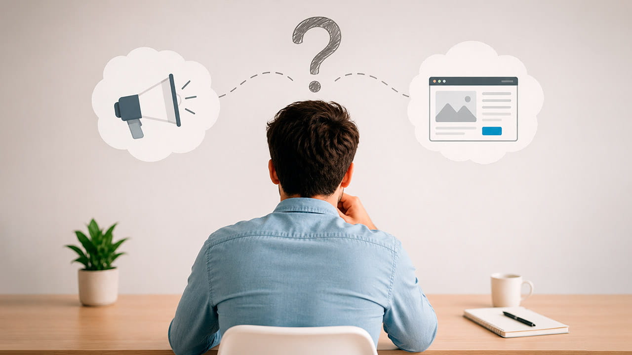 Empresário em frente ao computador em dúvida se vale a pena anunciar antes de ter um site profissional