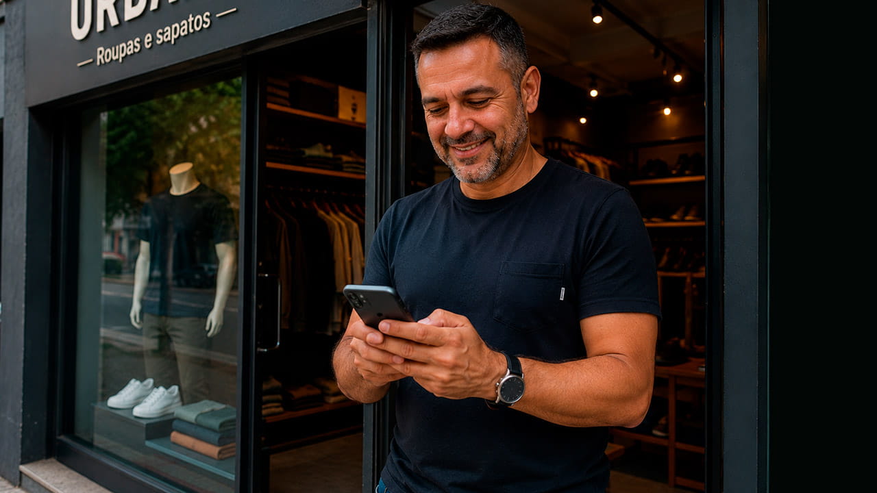 Empresário feliz usando smartphone em frente à sua loja de roupas e sapatos, ilustrando como empresas pequenas precisam de um site profissional para atrair clientes e fortalecer sua presença digital.