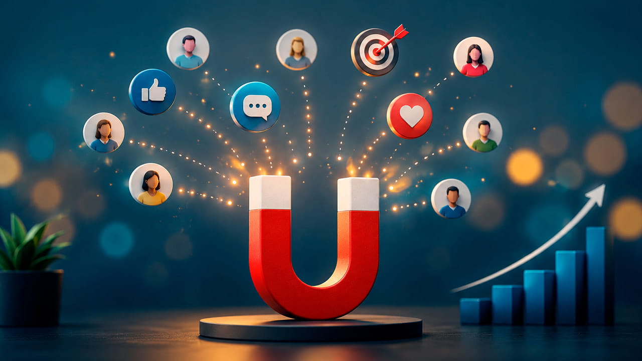 Ímã digital atraindo potenciais clientes, simbolizando estratégias de como conseguir clientes pela internet e aumentar as oportunidades de negócio.