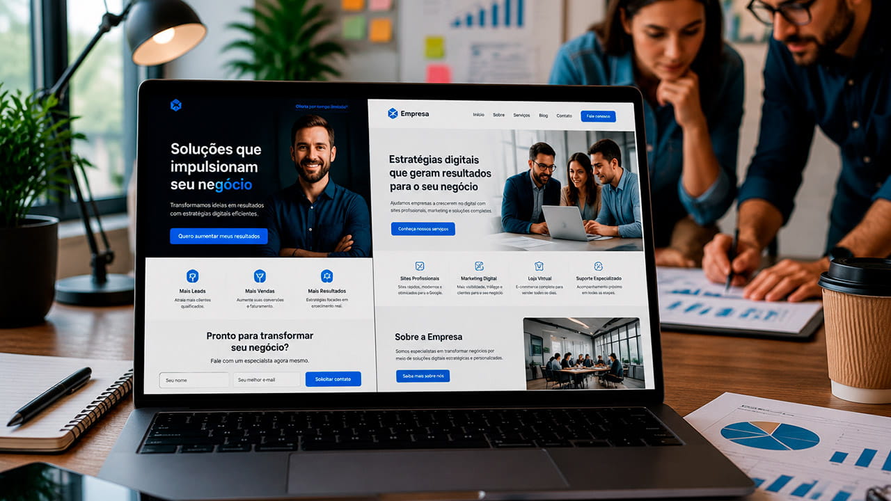Comparação visual entre landing page e site completo em notebook, representando estratégias digitais de conversão de clientes.