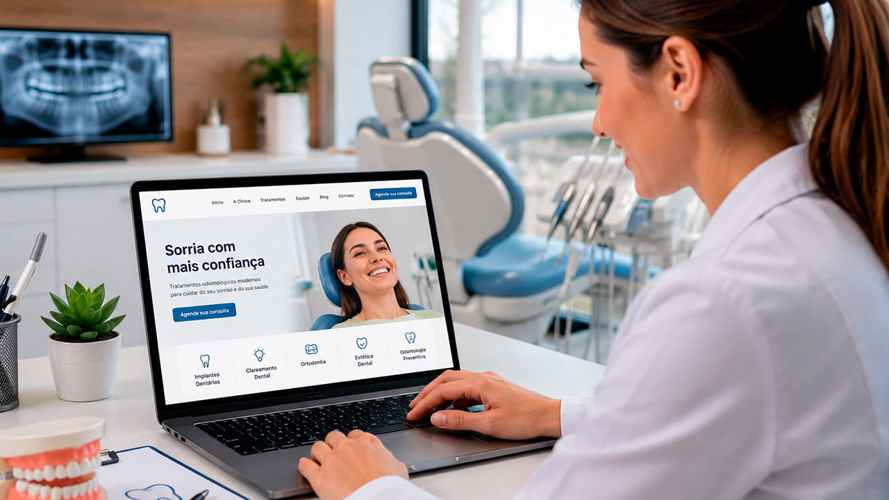 Dentista acessando site para dentistas em notebook em ambiente moderno de clínica, representando presença digital e captação de pacientes online.
