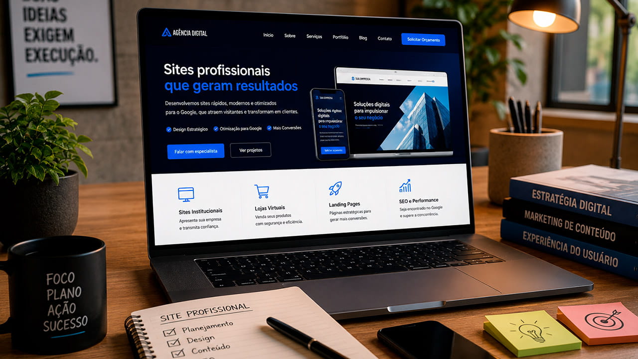 O que deve ter em um site profissional, ambiente de trabalho moderno com notebook exibindo um site empresarial responsivo