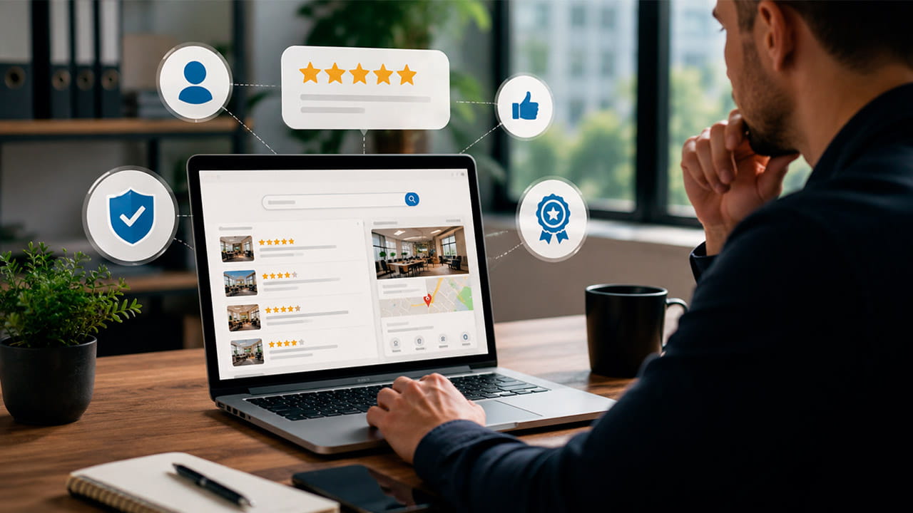 O que faz uma empresa parecer profissional na internet empresário analisando um site profissional em notebook, com elementos que representam credibilidade, presença digital e confiança online.