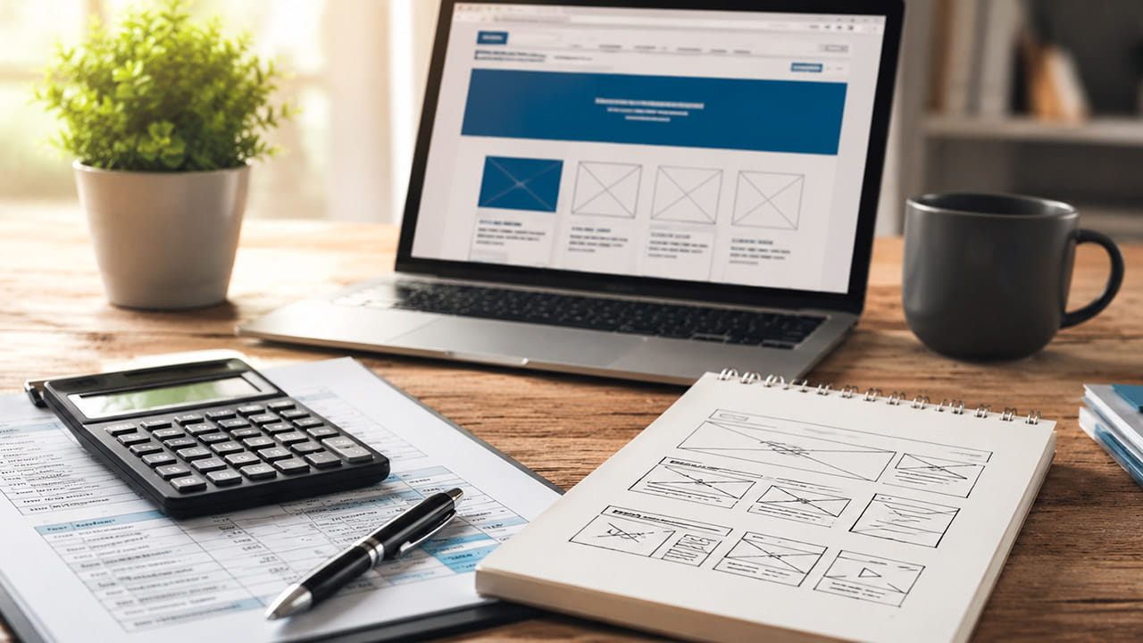 Cena de escritório com calculadora, planilhas e layout de website, ilustrando os itens que devem ser avaliados em um orçamento de site antes da contratação de uma empresa.