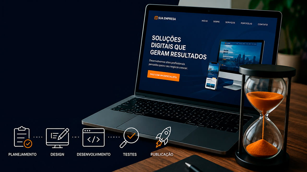 Computador exibindo um site pronto, junto com uma ampulheta que indica quanto tempo leva para criar um site profissional
