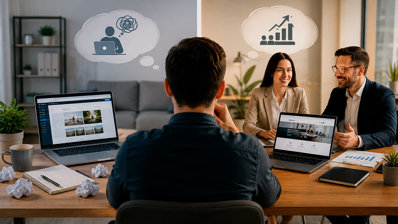 Empresário em um ambiente corporativo moderno, avaliando por que contratar uma agência de criação de sites em vez de fazer sozinho