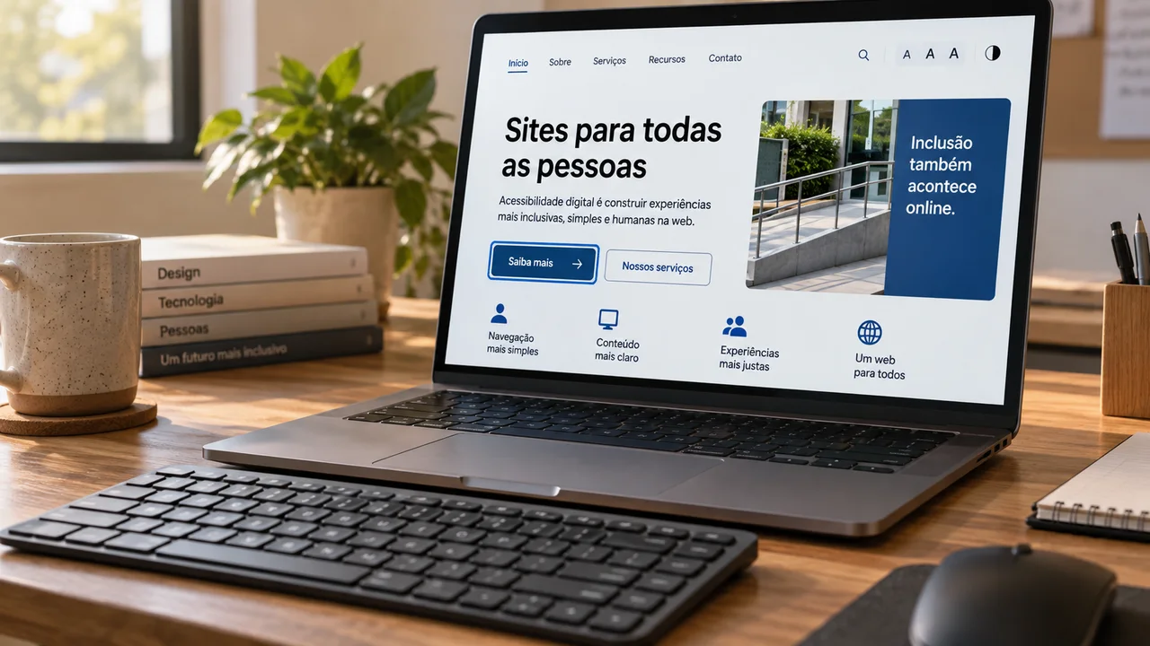 Acessibilidade em sites representada por notebook com interface de alto contraste, botão em foco e teclado externo.