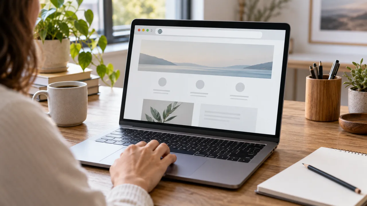 Como escolher domínio para site, com um notebook exibindo um navegador e uma mão no touchpad.