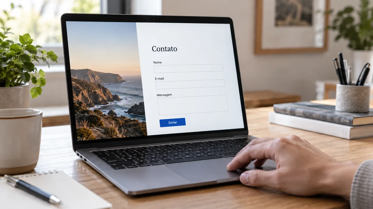 Formulário de contato para site aberto em um notebook, com uma pessoa usando o touchpad para navegar pelos campos.
