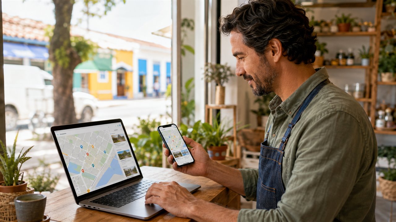 SEO local para pequenas empresas representado por empresário consultando mapa digital