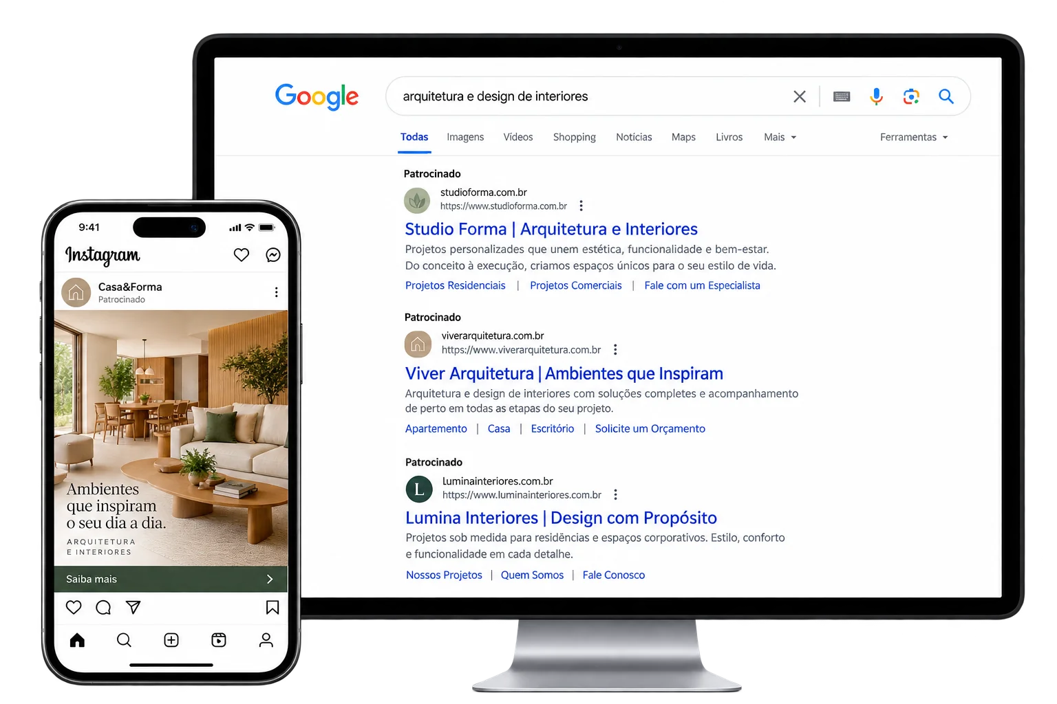 Anúncio na pesquisa do Google em monitor e anúncio do Instagram em smartphone, ilustrando gestão de tráfego pago; marcas demonstrativas.