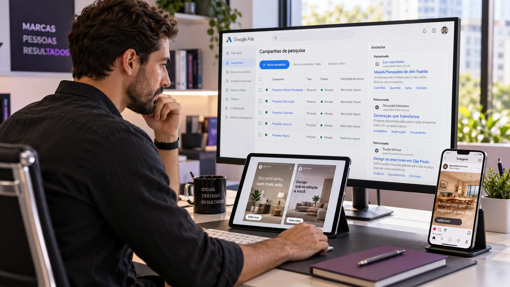 Profissional revisa campanhas de pesquisa no monitor, anúncio do Instagram no smartphone e criativos em tablet; gestão de tráfego pago em cena ilustrativa.
