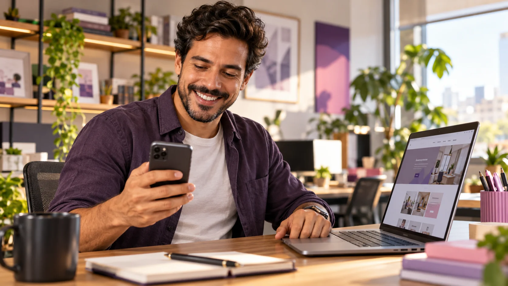 Empresário recebe mensagem no smartphone ao lado de site no notebook, ilustrando contatos em uma estratégia de gestão de tráfego pago; cena ilustrativa.