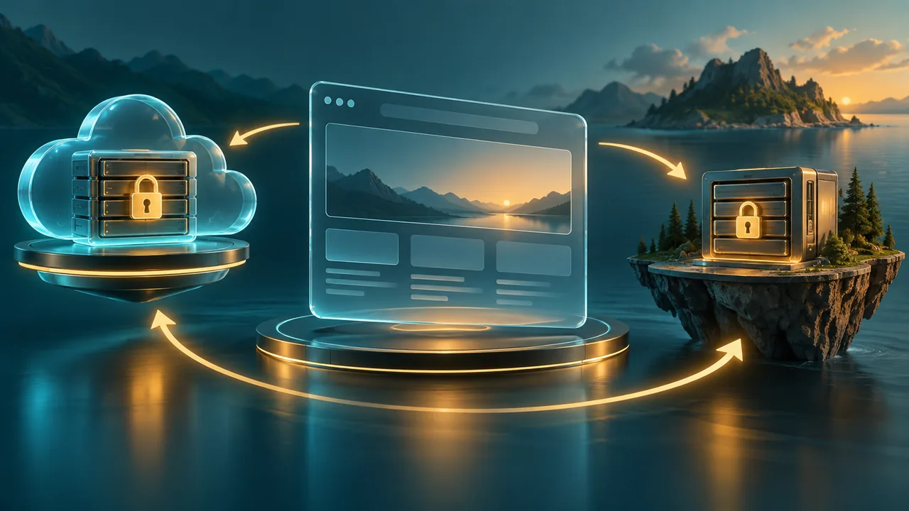 Backup de site WordPress ilustrado por página digital e duas cópias de dados armazenadas separadamente.