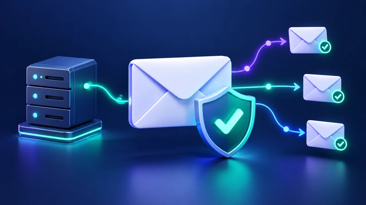 E-mail profissional ilustrado por envelope conectado a servidor e escudo de autenticação.