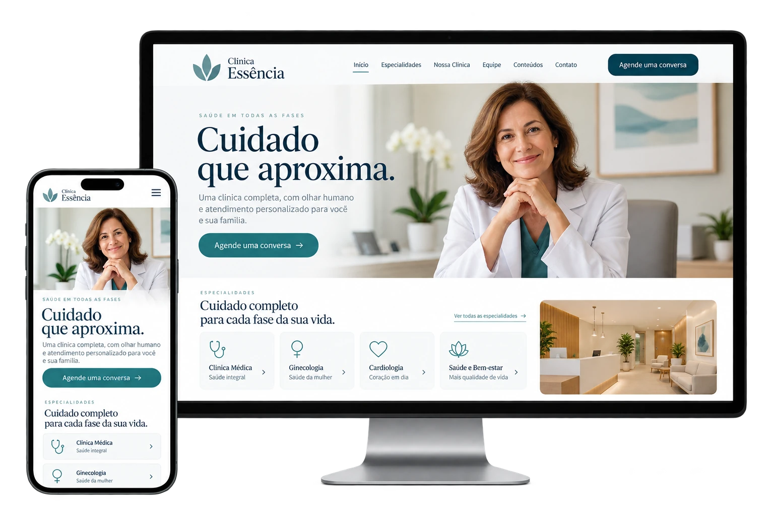 Conceito ilustrativo de site para profissionais de saúde em computador e smartphone