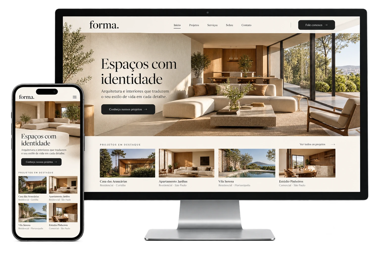 Conceito ilustrativo de site de arquitetura em computador e smartphone
