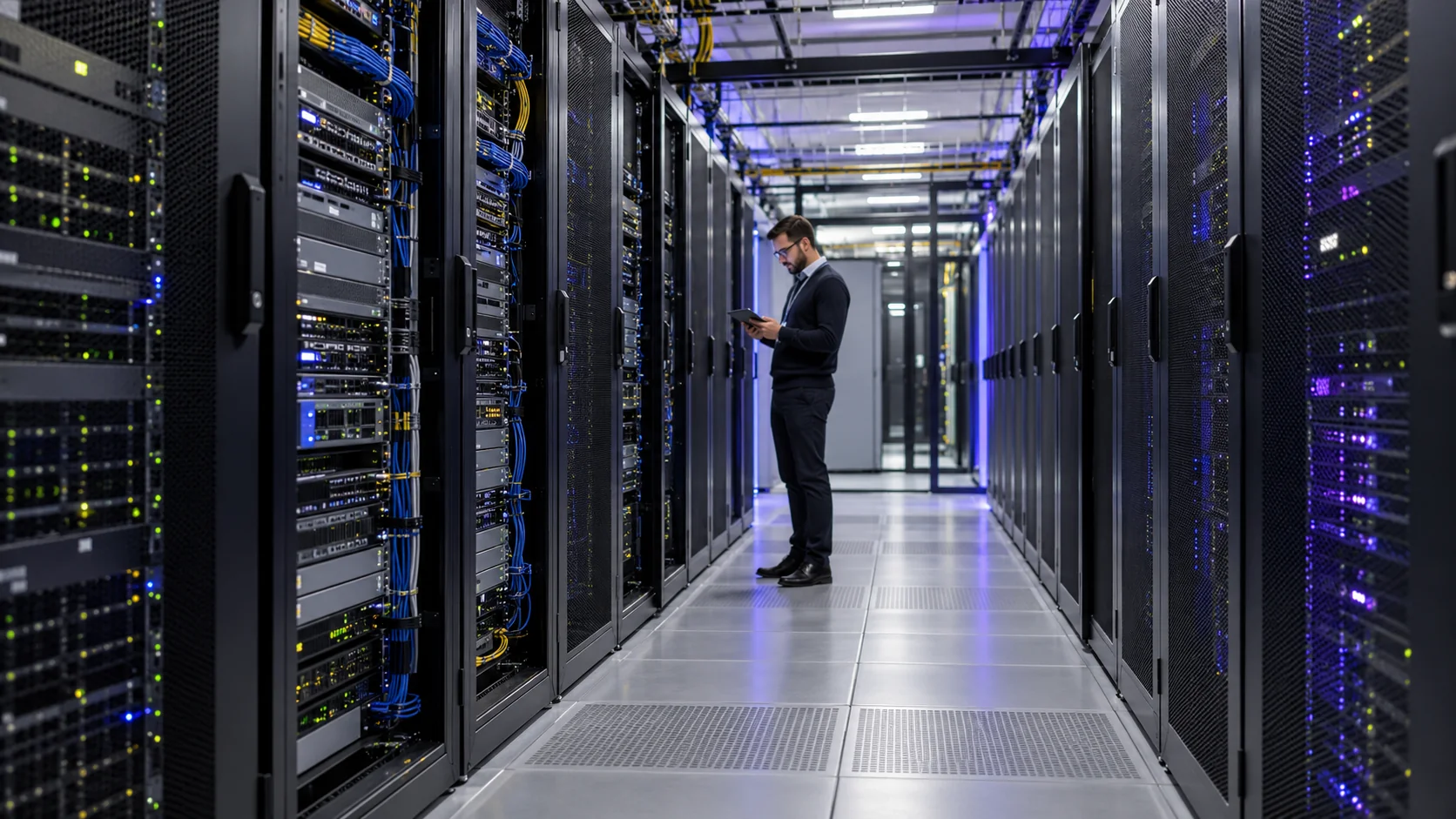 Profissional com tablet em corredor de data center com racks de servidores de hospedagem de sites; infraestrutura ilustrativa.