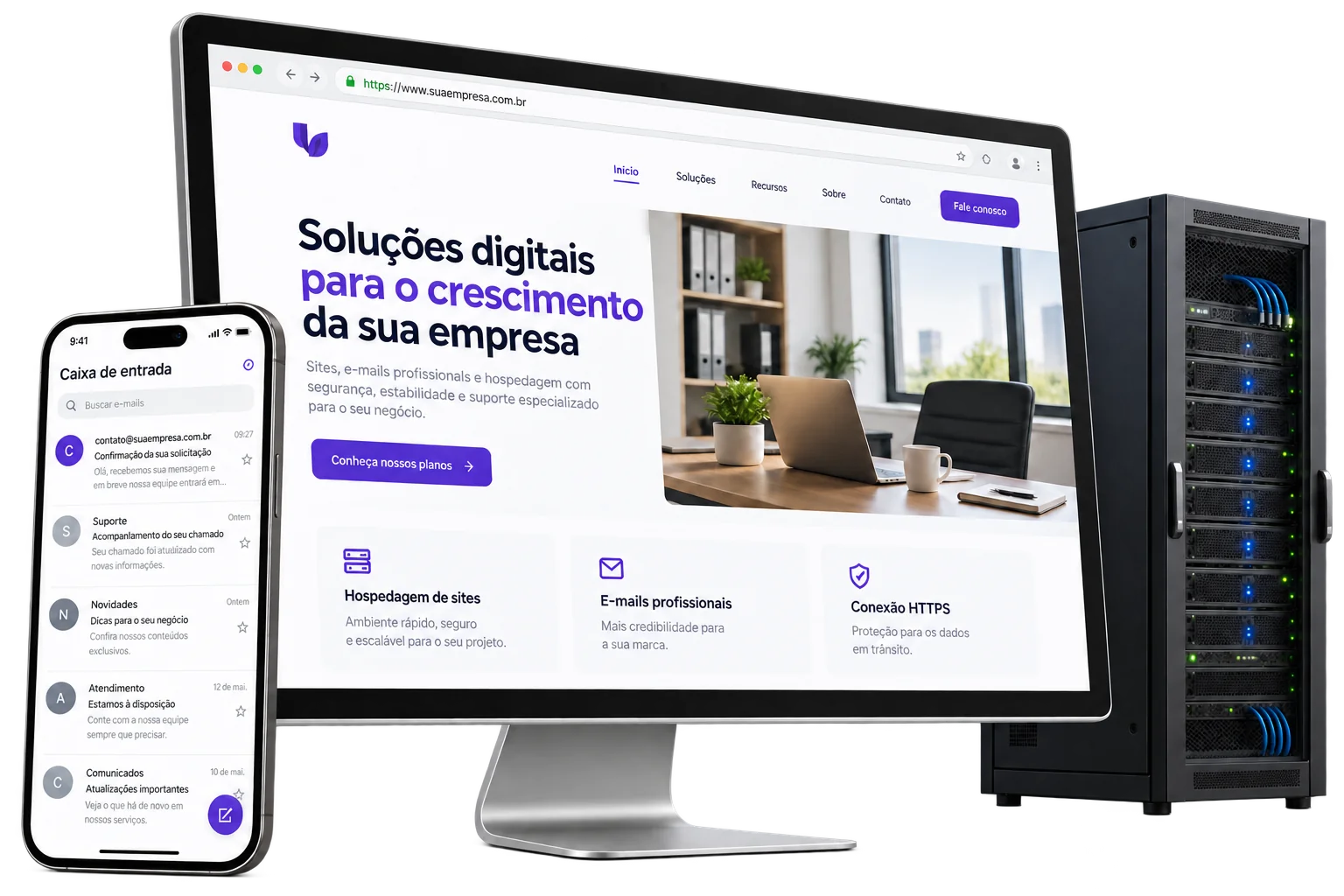 Monitor com site em HTTPS, smartphone com e-mail profissional e gabinete de servidores para ilustrar hospedagem de sites.