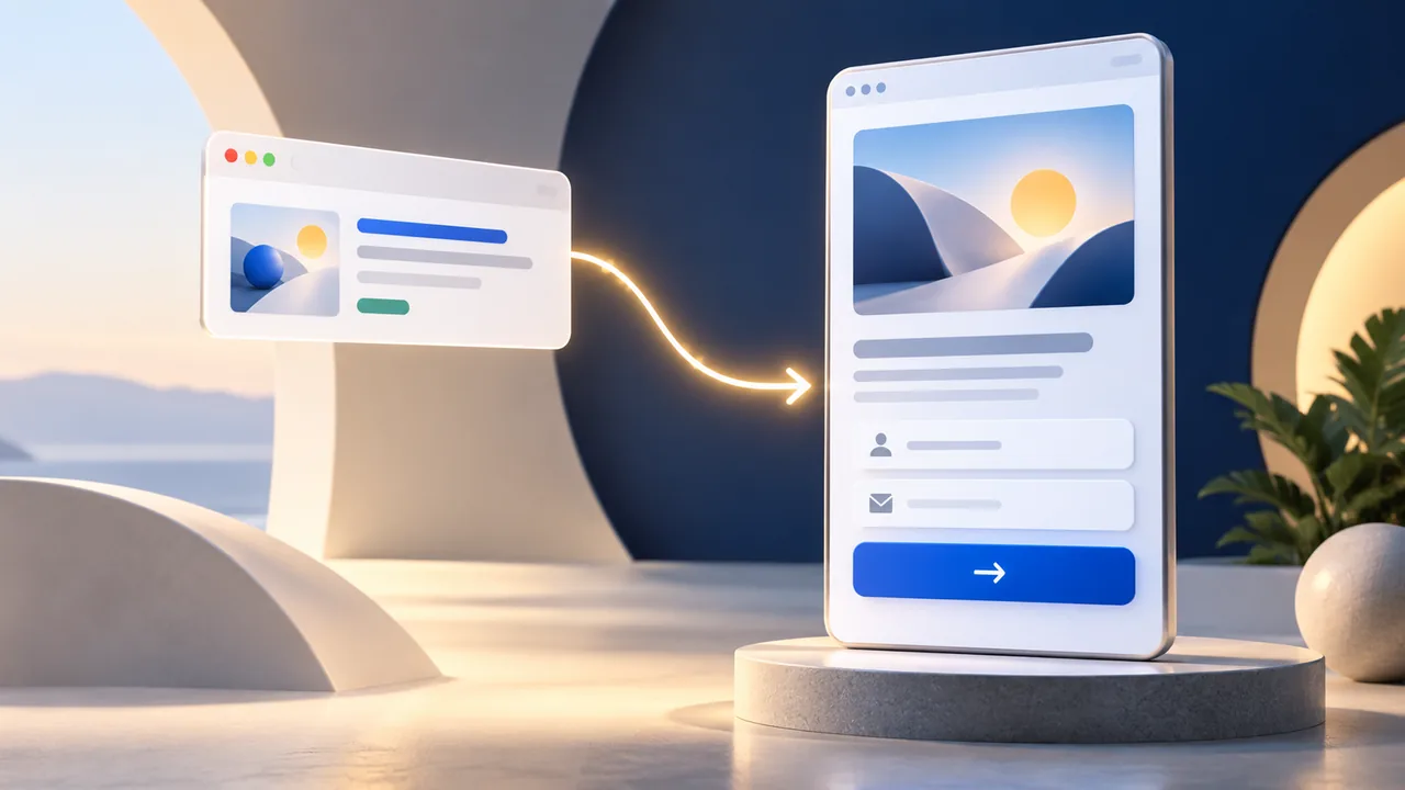 Landing page para Google Ads representada por um anúncio visual conectado a uma página com formulário e botão de ação.