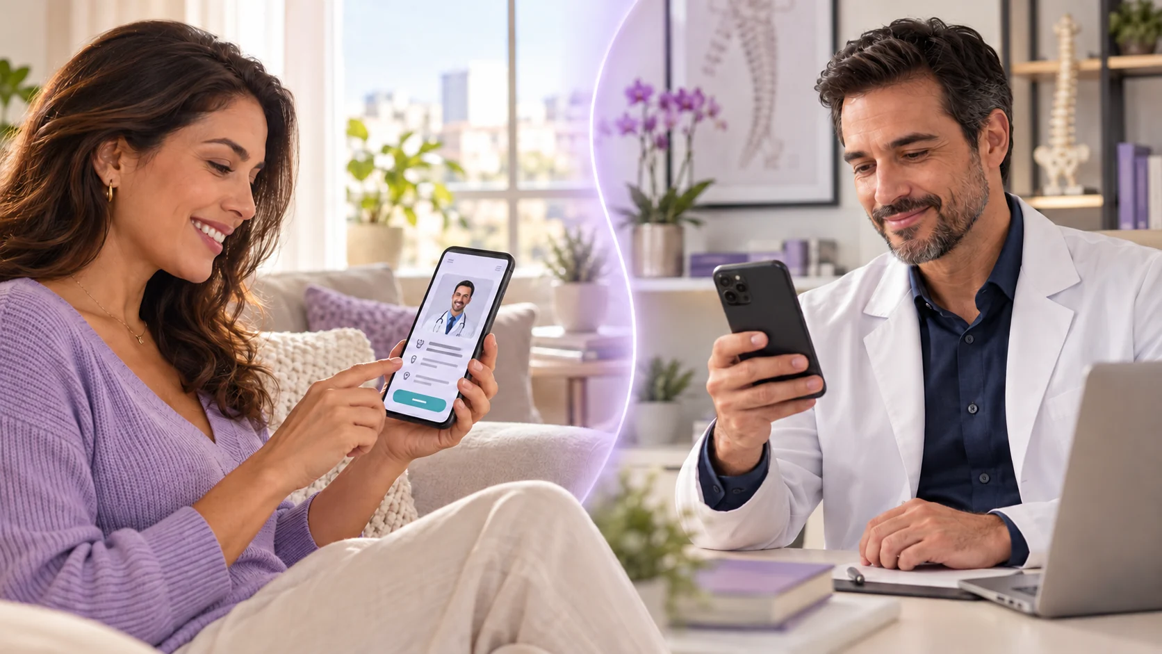 Paciente encontrando um médico pelo site no smartphone e profissional recebendo o contato em outro ambiente; composição ilustrativa