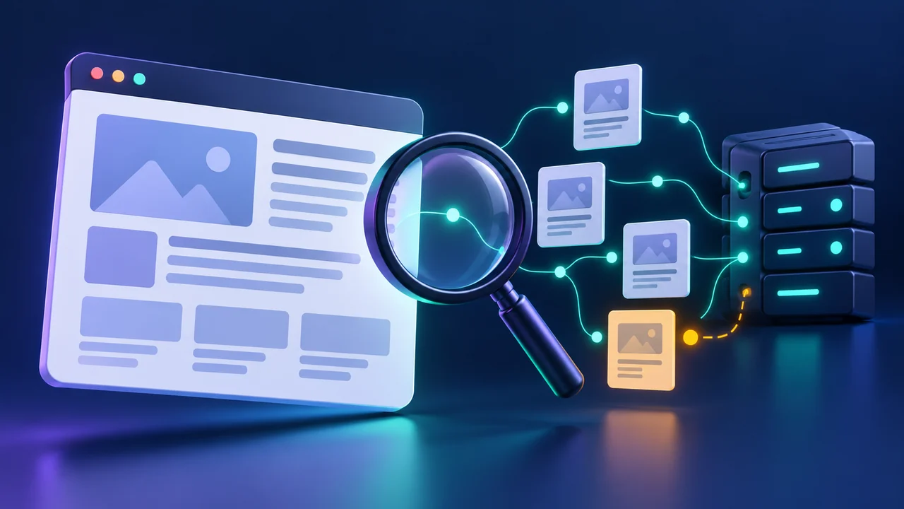 Página não indexada representada por cartão de site sob uma lupa e conexões com um índice de busca.