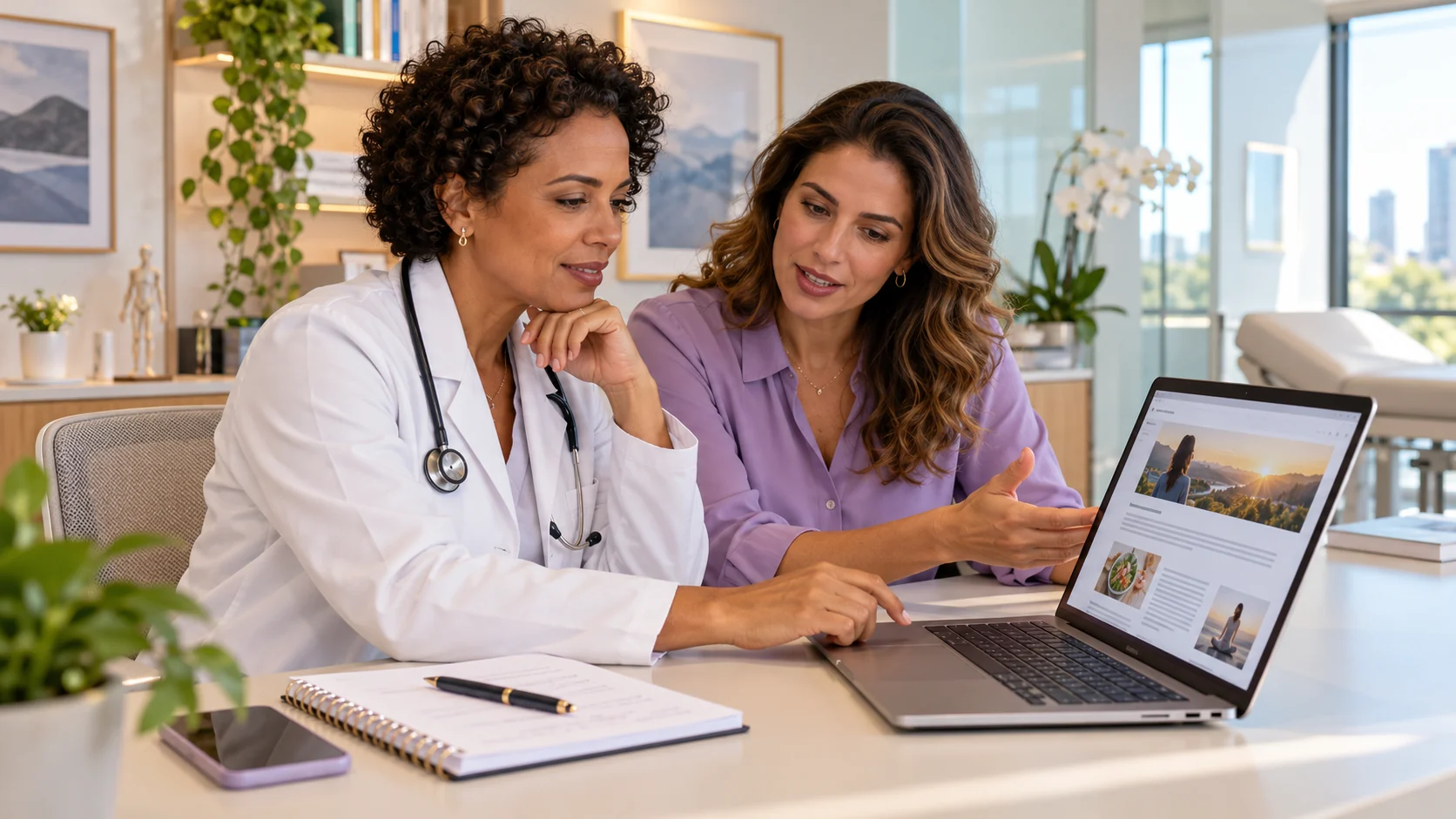 Médica e profissional de conteúdo revisando um artigo de blog em consultório; cena ilustrativa
