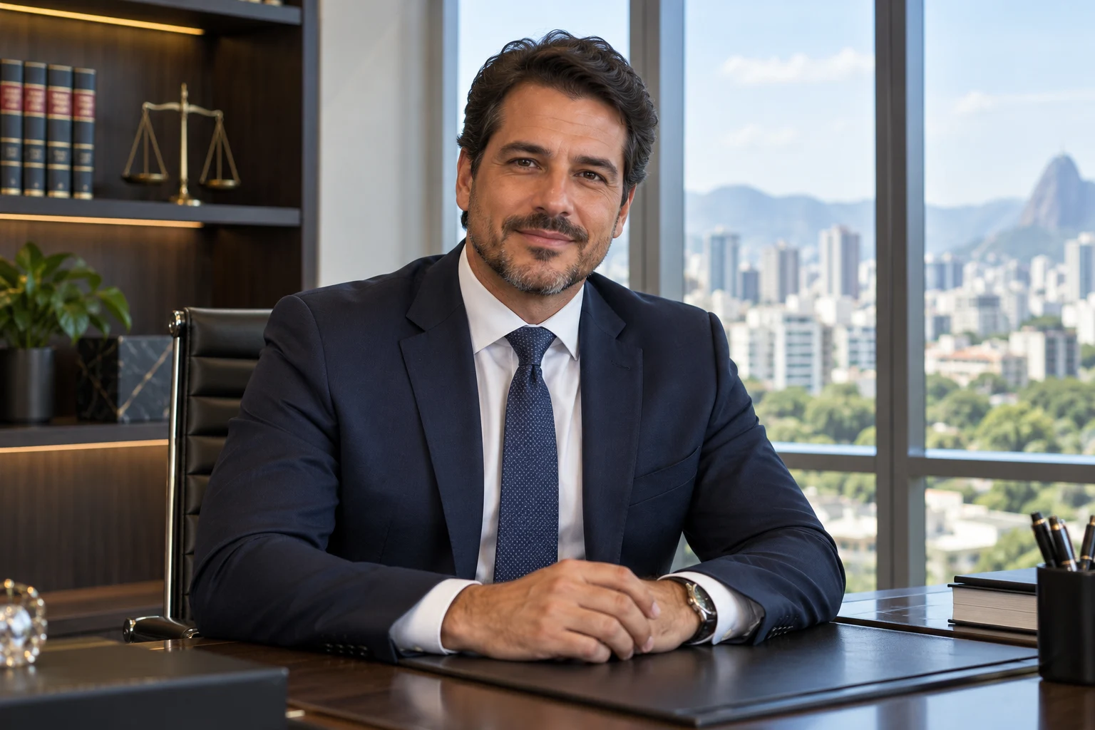 Advogado fictício em escritório profissional, retrato ilustrativo gerado com IA