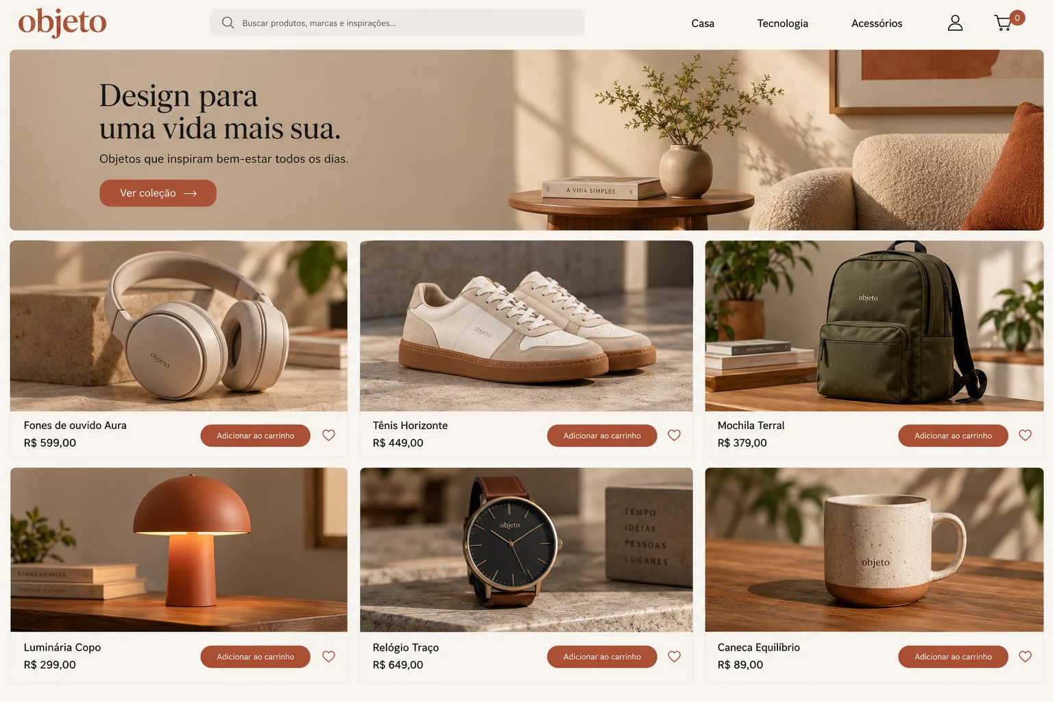 Loja virtual fictícia com catálogo de produtos variados, conceito gerado com IA