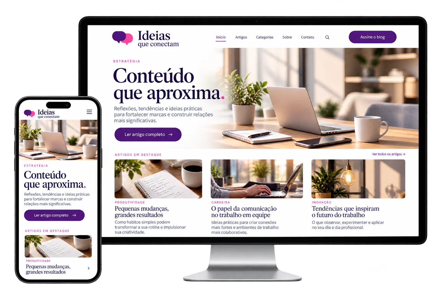Conceito ilustrativo de blog empresarial em monitor e smartphone, com artigos e imagens em layout responsivo.